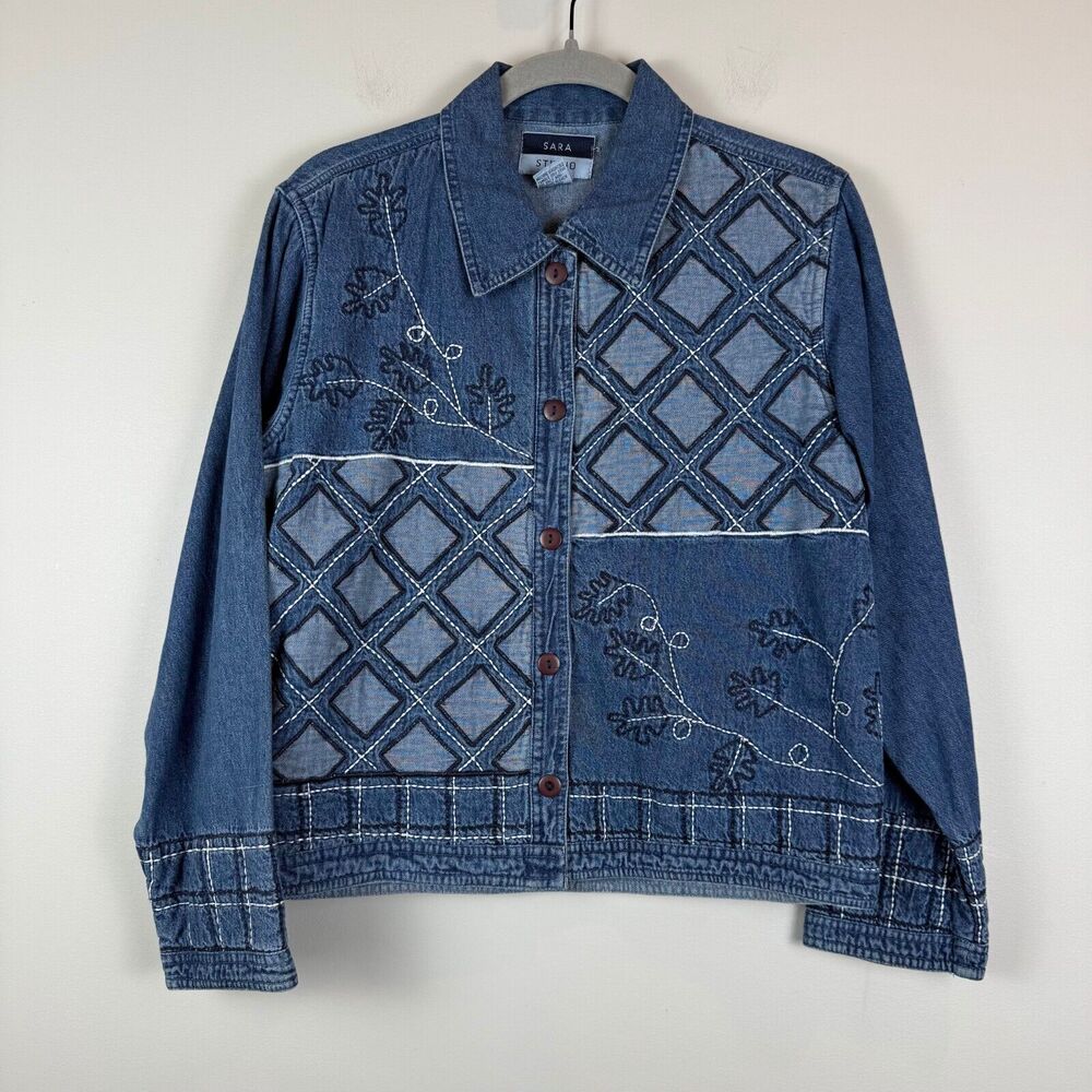 Sara Studio Jacket Women Sz M Blue Denim Embroidered Button Front Patchwork Boho